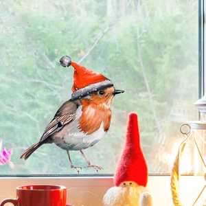 Watercolour Christmas robin window sticker with red hat for festive home decoration