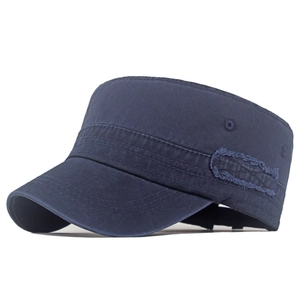 Classic navy blue cotton flat top cadet cap with vintage distressed patchwork details