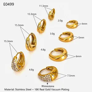 Boucles d'oreilles créoles en acier inoxydable doré 18K avec strass en plusieurs tailles