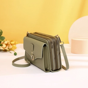 Sage green cross body phone bag with three-layer structure and lychee pattern leather
