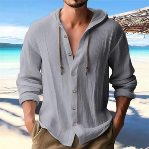 Chemise à capuche pour hommes en coton et lin gris à manches longues avec boutons au bord de mer