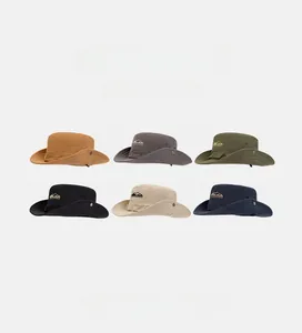 Close-up of the outdoor fisherman hat showing embroidered logos and various color options