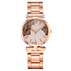 Fashionable rose gold women's watch with mesh band and artistic leaf pattern dial