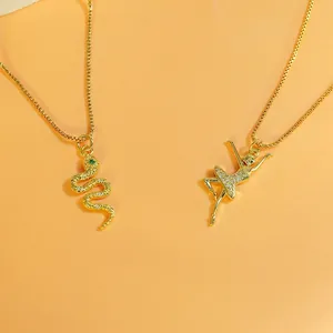 Gold plated snake and ballerina pendants with cubic zirconia on box chains