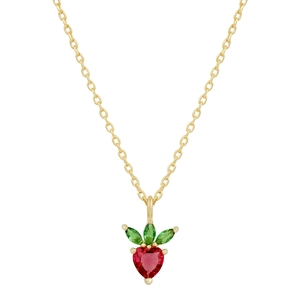 Close-up of strawberry pendant necklace with red heart stone and green leaf accents