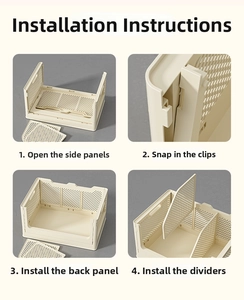 Step-by-step assembly guide for a foldable off-white plastic storage basket with dividers