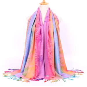 Close-up of vibrant peacock feather jacquard pattern and fringes on ethnic style scarf