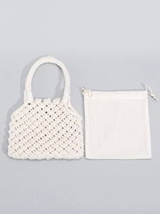Bolso de playa de algodón tejido a mano en color beige con bolsa interior a juego