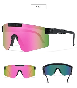 Detail view of pink-green gradient mirror lens sports cycling sunglasses with black frame