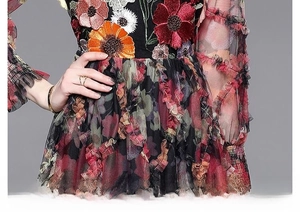 Détail de broderies florales 3D colorées sur robe en maille noire à taille haute