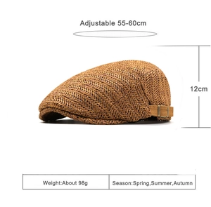 Breathable summer ivy cap in tan woven straw with adjustable side metal buckle