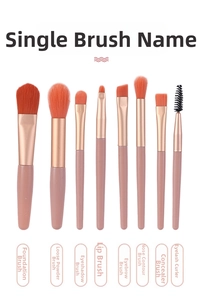 Detail view of 8-piece mini makeup brush set with orange bristles and pink handles
