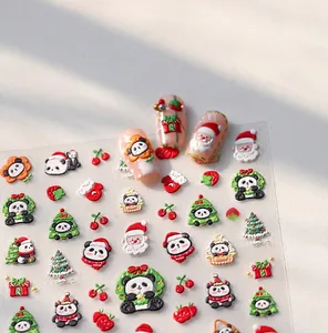 3D relief Christmas nail stickers featuring festive panda, Santa and tree patterns