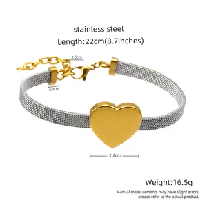 Dimensioni dettagliate del bracciale a cuore in acciaio inossidabile 18K con cinturino a rete