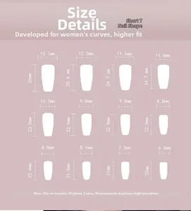 Size guide for short T-shape press-on nails featuring 12 sizes and 24 pieces in total