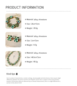Detailed size and weight chart for the vintage floral jewelry set with rhinestones