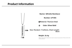 Detailed specs of the titanium steel whistle necklace with pendant size and chain length