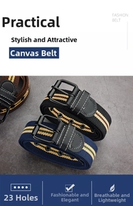 Detail of canvas striped belt showing black metal buckle and 23 adjustable eyelet holes