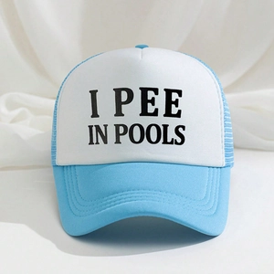 Blue and white trucker hat featuring a humorous I PEE IN POOLS print on the front panel