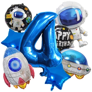 Astronaut space themed 4th birthday party decoration kit with rocket and foil balloons