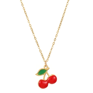 Gold cherry pendant necklace with red enamel fruit and green leaves on white background