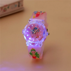 Orologio rosa a sirena per bambini con luce LED luminosa e cinturino in silicone