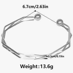 Detailed dimensions of silver octagonal open bangle with metal ball ends and size info