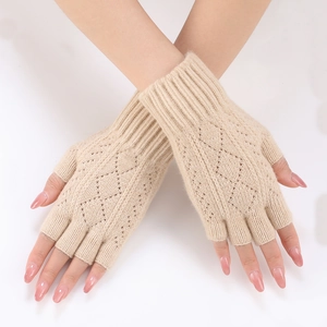 Detailed knit texture and diamond hollow pattern on beige fingerless arm sleeves