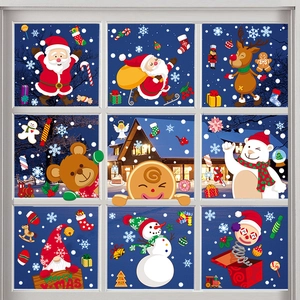 Christmas Window Stickers PVC Static Cling Santa Claus Snowman Reindeer Snowflake Cartoon Decals For Glass Festive Party Decor