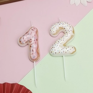 Creative donut style number 1 and 2 cake candles for sweet birthday party decor