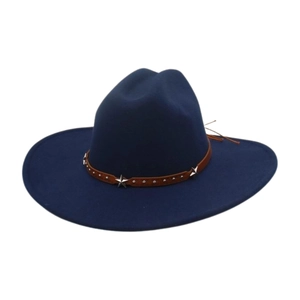 Detail of navy blue felt fedora with brown leather band and silver star rivets