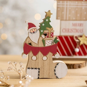 Handcrafted wooden Christmas tabletop decor with Santa Claus and festive Merry Christmas text