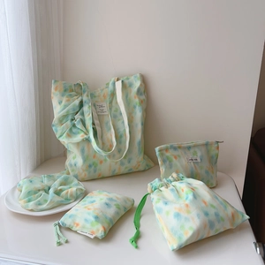 Mint green watercolor floral canvas bag set with tote, pouch, and accessories