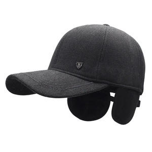 Winter men's thickened knit baseball cap with ear flaps and metal logo in dark grey