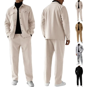 Veste Et Pantalon Décontractés Pour Hommes Col À Revers Manches Longues Maille Polyester Poches Mode Coupe Ample
