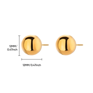 Golden 12mm stainless steel ball stud earrings with polished mirror finish and size scale