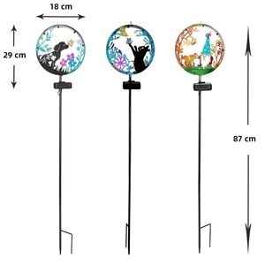 Solar iron garden lights with pet silhouettes and detailed height dimensions in centimeters