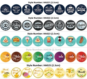 Detailed macro view of five distinct 2.5cm round adhesive sticker designs and patterns