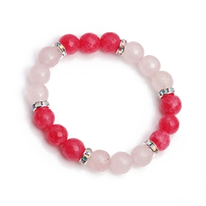 Bracelet minimaliste en quartz rose à facettes 10mm et perles rouges avec strass