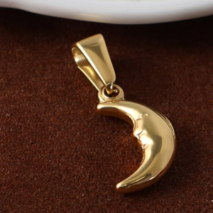 Detailed close-up of a crescent moon pendant in polished 24K gold plated titanium steel