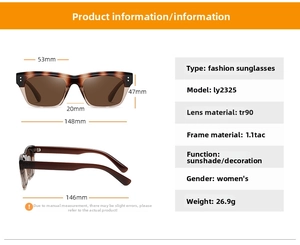 Detailed size chart of square polarized sunglasses with brown tortoise frame and lenses