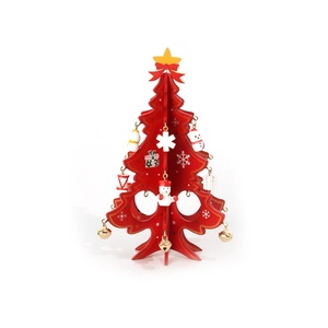 Detail of red wooden Christmas tree with snowman ornaments and gold bells