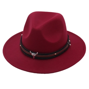 Classic burgundy wool fedora hat with brown leather band and silver ox head ornament