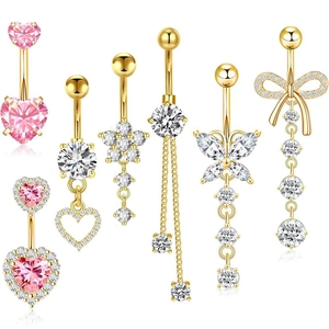 7-piece gold belly ring set with pink zirconia heart and butterfly pendants for women