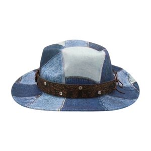 Retro denim cowboy hat featuring patchwork design and rhinestone-studded brown leather band
