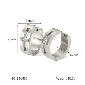 Silver stainless steel huggie earrings with central crystal stone and size specs