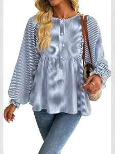 Damen Gestreifte Bluse Polyester Lange Puffärmel Rüschenmanschette Rundhals Einreihig Elegant Lässig Pendler Oberteil