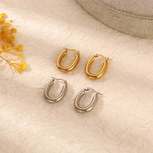 Paire de boucles d'oreilles créoles ovales en acier inoxydable doré et argenté