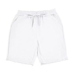 Detail of white linen shorts showing adjustable drawstring waist and breathable fabric texture
