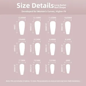 Tableau des tailles détaillé pour faux ongles ballerine longs avec 12 mesures de largeur